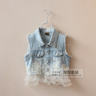 2014新款春装欧美童装韩版女童<em>牛仔</em>蕾丝<em>马甲</em>
