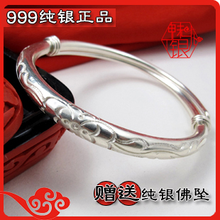  皇冠品质 999纯银千足银女式女款纯手工手镯 四叶草伸缩铃铛手镯