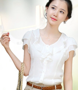 2023夏季荷叶边蕾丝衫韩版修身雪纺衫娃娃衫大码白色短袖衬衫