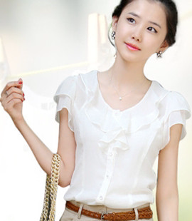 2024夏季荷叶边蕾丝衫韩版修身雪纺衫娃娃衫大码白色短袖衬衫