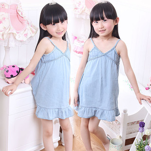  夏季新款韩版女童全棉淡蓝纯色牛仔性感V领儿童吊带裙 C122