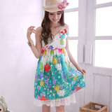 2012 夏季新品 女装 蕾丝花边V领显瘦花色棉质吊带裙 连衣裙 免邮