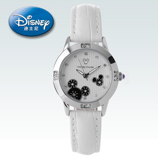  正品迪士尼手表 韩版米奇头条纹镶水钻时尚学生手表女士手表皮带