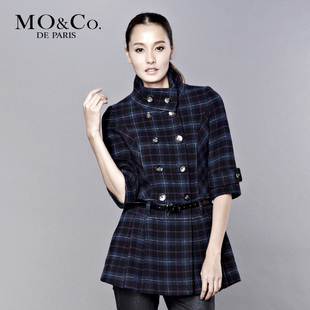 Mo＆Co．摩安珂 M104OVC39修身款中袖双排扣毛呢外套 格子大衣