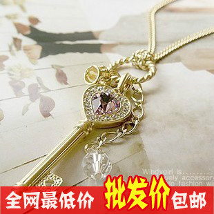  饰品批发厂家直销 韩版长款紫水晶爱心金色皇冠钥匙项链毛衣链