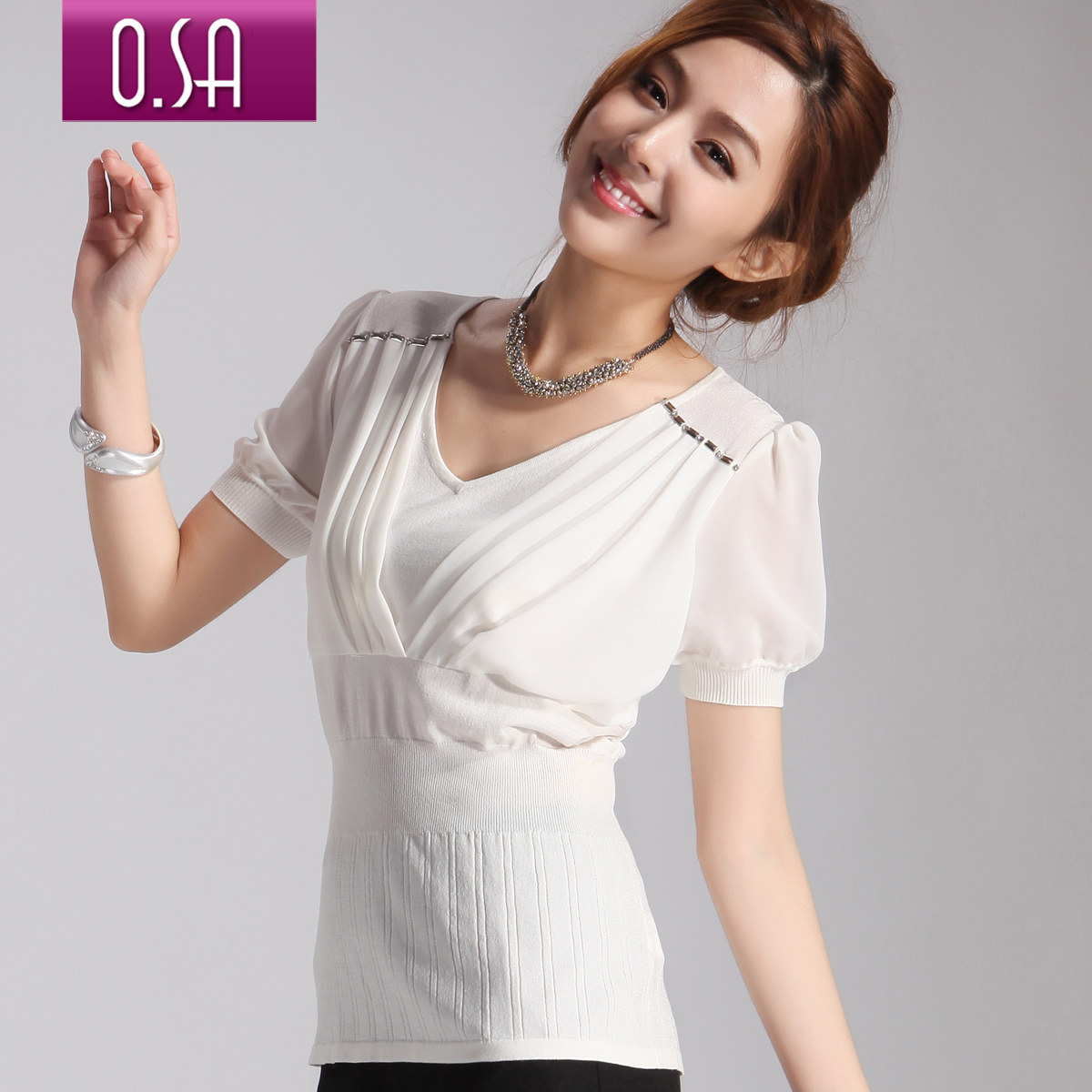 拨动心弦OSA2012夏装新款韩版女装雪纺拼接V领短袖薄针织衫H22257