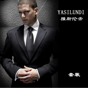  正品包邮两粒扣纯黑色男士西服套装绅士修身商务正装新郎结婚西装