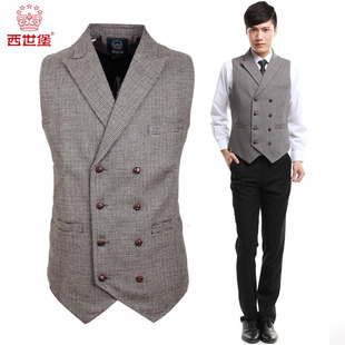  西世堡秋冬新品 男士双排扣西服马甲 羊毛呢结婚季小马夹