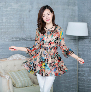 大码雪纺衫韩版胖MM遮肚中长款收腰宽松女式