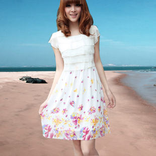 2012夏装清仓大码女新款圆领收腰气质淑女碎花雪纺连衣裙子包邮原