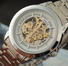 OMEGA Omega Relojes para hombres hombres de negocios de chapa de acero de doble cara hueca mecánica