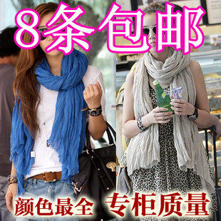 8条包邮 韩国秋冬款女纯色围巾原单棉麻百搭褶皱糖果色围巾披肩