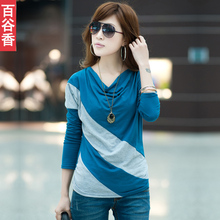 百谷香2012新款韩版衣服宽松大码蝙蝠袖拼接打底衫女装<span class=H>长袖</span>T恤女