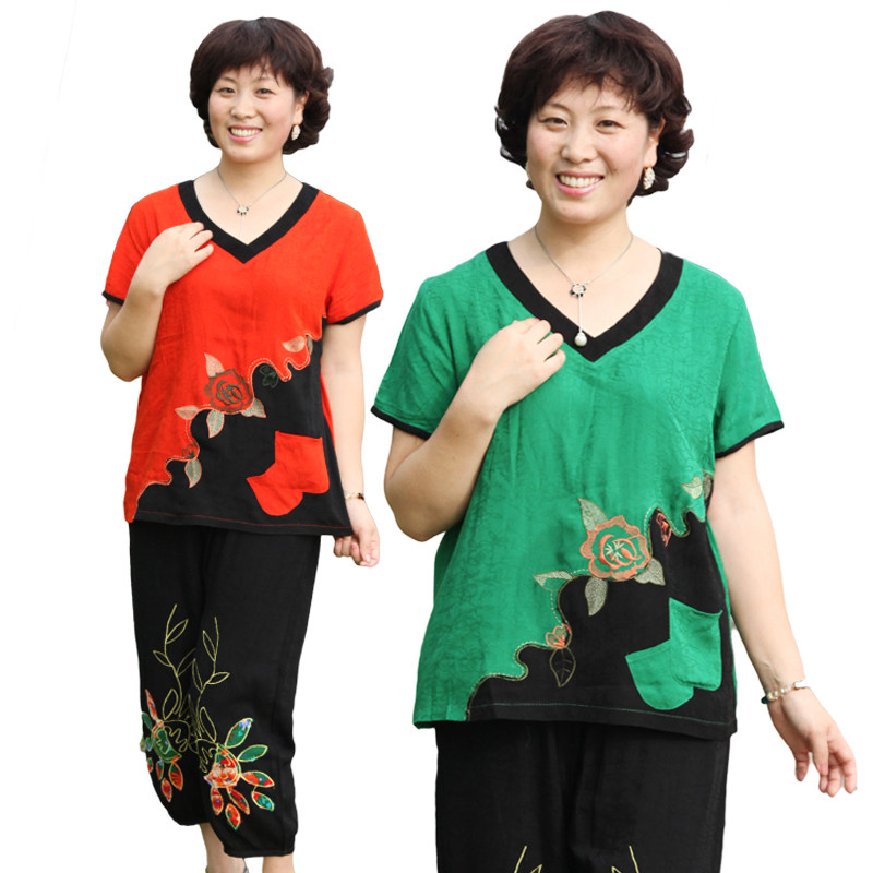 乐宝商城 纯<span class=H>棉</span> 绣花 妈妈装套装 <span class=H>中</span><span class=H>老年</span><span class=H>服装</span> 夏装 T恤+裤子460