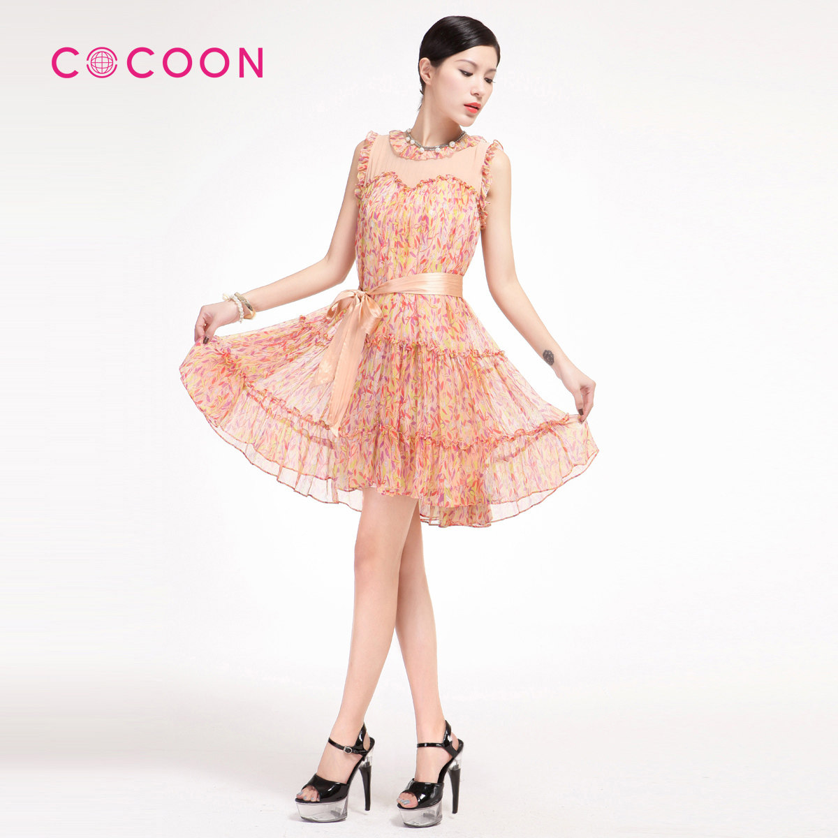 COCOON2012新品真丝透视木耳边印花无袖连衣裙212202053原价1688