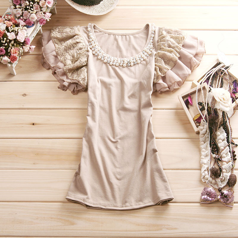 蕾丝雪纺荷叶花边袖...