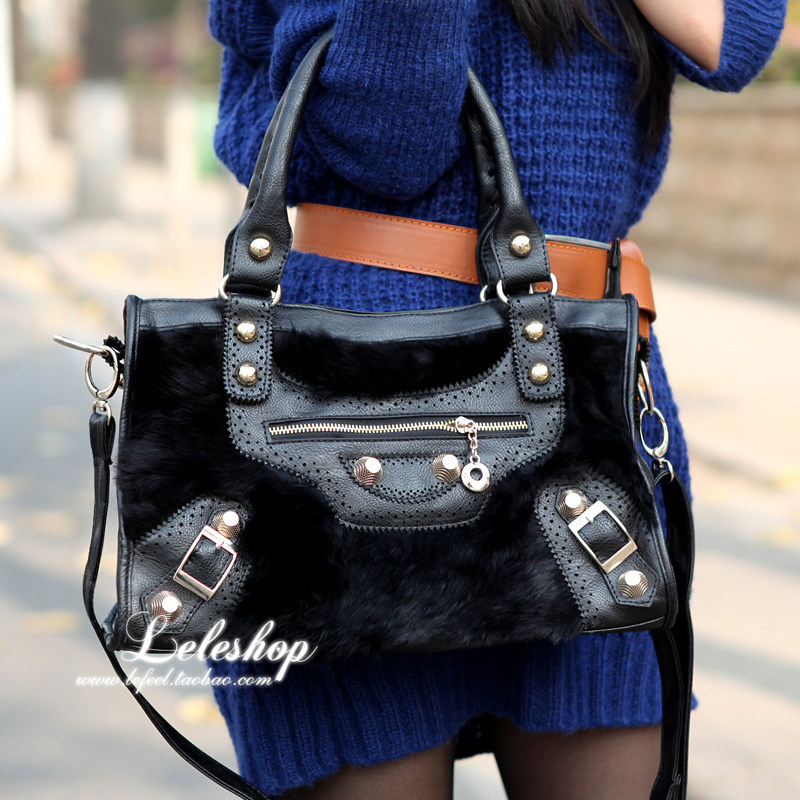 Leleshop European And American Wind BALENCIAGA Balenciaga Motorcycle Bag Handbag All Real Fur