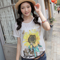 #1235 2012夏韩版向日葵油画图案丝光拉架棉短袖圆领T恤