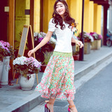2012夏季新款女装雪纺碎花连衣裙蕾丝拼接短袖胸花长裙子全棉褶皱