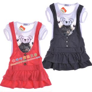  中大童假两件连衣裙子 夏季女童装小熊裙衣 儿童夏装韩版新款1308
