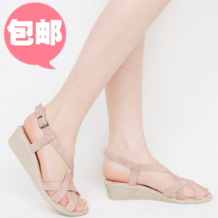  夏季新款牛筋底磨砂中跟交叉绑带露趾复古甜美女凉鞋特价包邮