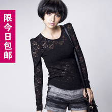 2011秋冬女装 黑色蕾丝上衣圆领长袖打底衫网纱性感 韩国外贸M008