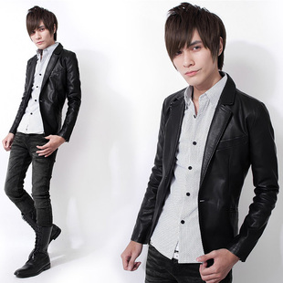  秋冬新款男式外套小皮衣 日韩修身小西装 修身皮西装超酷
