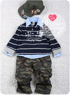  GAP儿童三件套装假两件迷彩服套装长袖T恤迷彩长裤鸭舌帽18M-6T