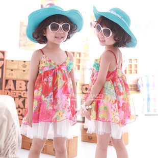  女童夏装 韩版绚丽多彩雪纺裙吊带裙儿童童装连衣裙4776