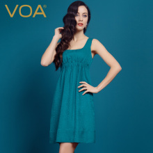 VOA 水晶蓝提花真丝蚕蛹缎面方领无袖露背橡筋高腰中款清纯连衣裙图片