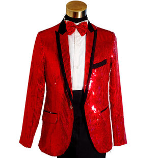  缘于真情红色亮片黑色边绚丽闪亮男士主持人演出服礼服套装3086