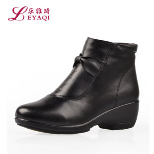 乐雅琦 妈妈鞋真皮棉鞋 坡跟短靴中跟 加厚冬 保暖棉靴子 女4712