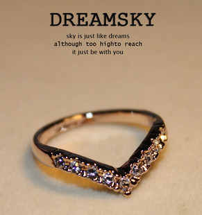  DREAMSKY 周圈镶钻 气质流线V型玫瑰金戒指  可做尾戒