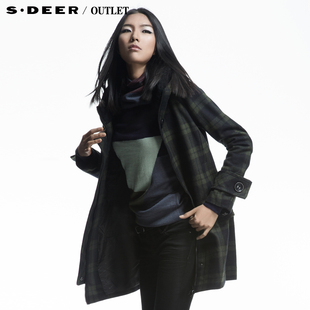  惠折sdeer圣迪奥 女装 冬装 格纹帅气连帽大衣外套0481800