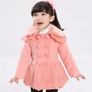  爱必贝童装女童大衣呢子外套儿童新款韩版冬装蕾丝羊毛呢大衣