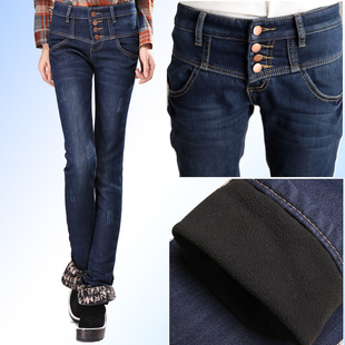  名驭 韩版大码弹力加厚加绒牛仔裤 女小脚保暖棉裤 冬装中腰靴裤