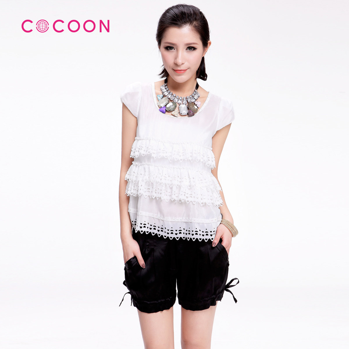 COCOON可可尼<span class=H>女</span><span class=H>装</span>2012夏黑色高级缎面短<span class=H>裤</span>202208009原价698