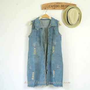 中<em>长款无袖</em>牛仔马甲马夹坎肩<em>开衫</em>外套背心女春