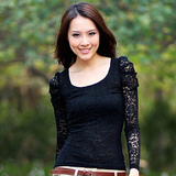 joyjoso春夏热卖 优质蕾丝打底衫 黑色性感蕾丝衫女款长袖蕾丝T恤