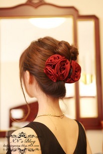  满包邮NN秀韩版大抓夹头花酒红色三朵玫瑰花朵新娘结婚发饰头饰