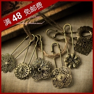  DIY饰品材料配件 65mm 古铜色 复古花片别针 挂饰