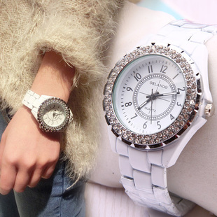  水钻烤漆黑白色手表 韩国时尚男女表 韩版学生情侣手表腕表