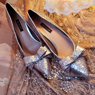  asuka本店购 Ca**蝴蝶结尖头 银色女鞋高跟婚鞋Bling Bling单鞋