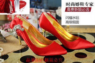  结婚鞋子专柜正品红色韩版时尚细跟尖头婚宴单鞋高跟真皮大码女鞋