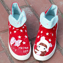韩版帆布鞋 红色可爱女孩手绘鞋 新款个性涂鸦鞋 平底布鞋 女鞋潮