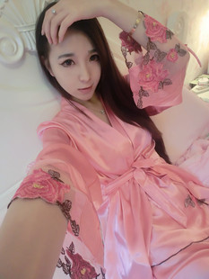 7332#女套装绣花长袖<em>真丝睡衣三件套</em>丝绸家居