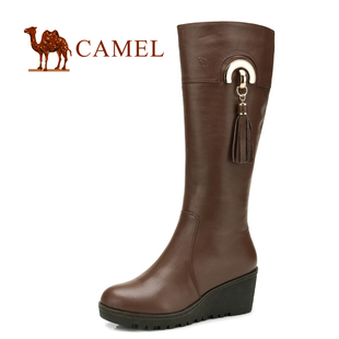  Camel 骆驼高筒靴 真皮高跟女靴子 简约新款坡跟长靴 81016604