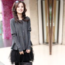 2011秋冬女装 韩版白领个性甜美蕾丝 三七毛 两件套打底毛衣