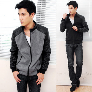  春秋男装新款 羊毛呢+PU皮拼接 韩版修身休闲 男士夹克外套
