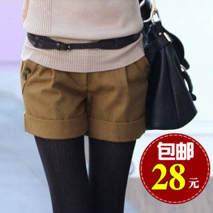  28包邮! 秋冬新款女大码显瘦韩版卷边毛呢短裤冬季呢子裙裤靴裤女